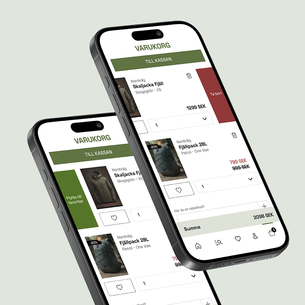 mobile view of shopping cart with swipe gestures