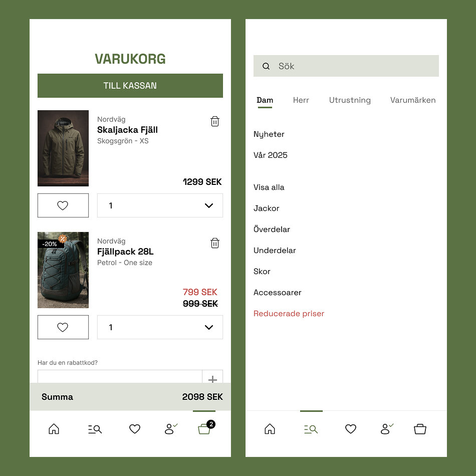 mobile view of shopping cart and shopping meny