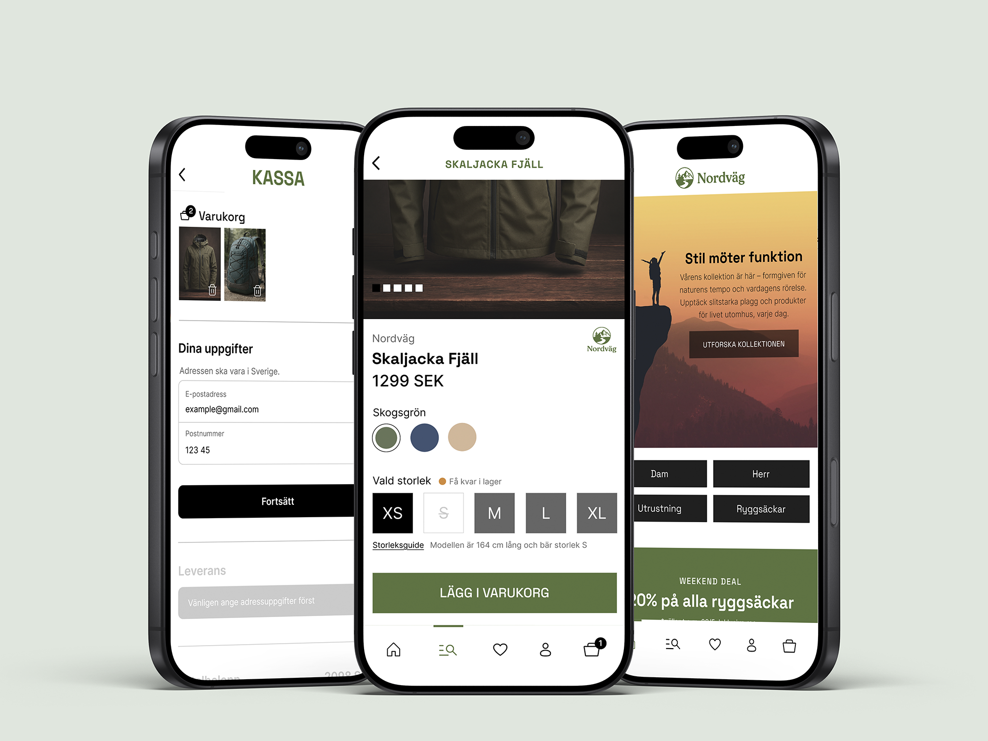 mobile view of checkout, product page and landing page